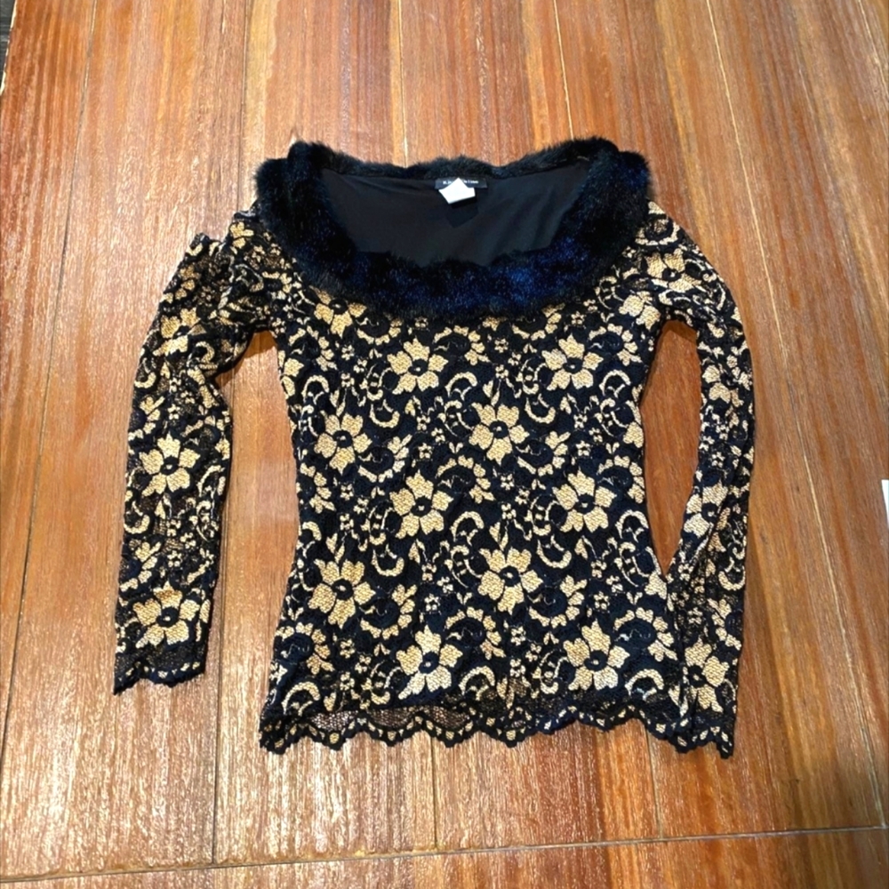 Kay Celine Gold & Black Lace Fur Top